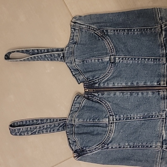 Alice + Olivia Medium Blue Denim Bustier Zip-Front Overalls - Picture 7 of 12
